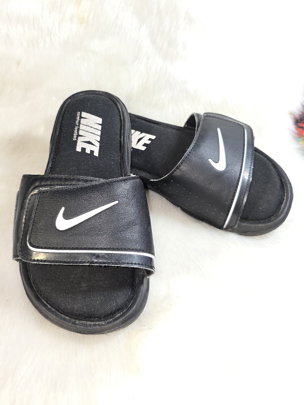 Nike Comfort Slide 2 Kids Black Slide Sandals with White Swoosh Accent